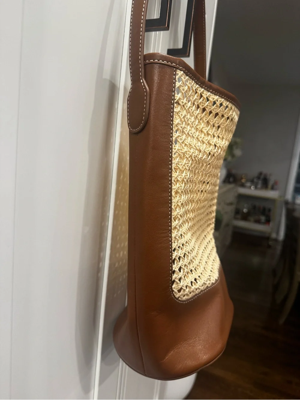 J Crew Berkeley Bucket Bag in faux raffia and leather NWT - Picture 2 of 11